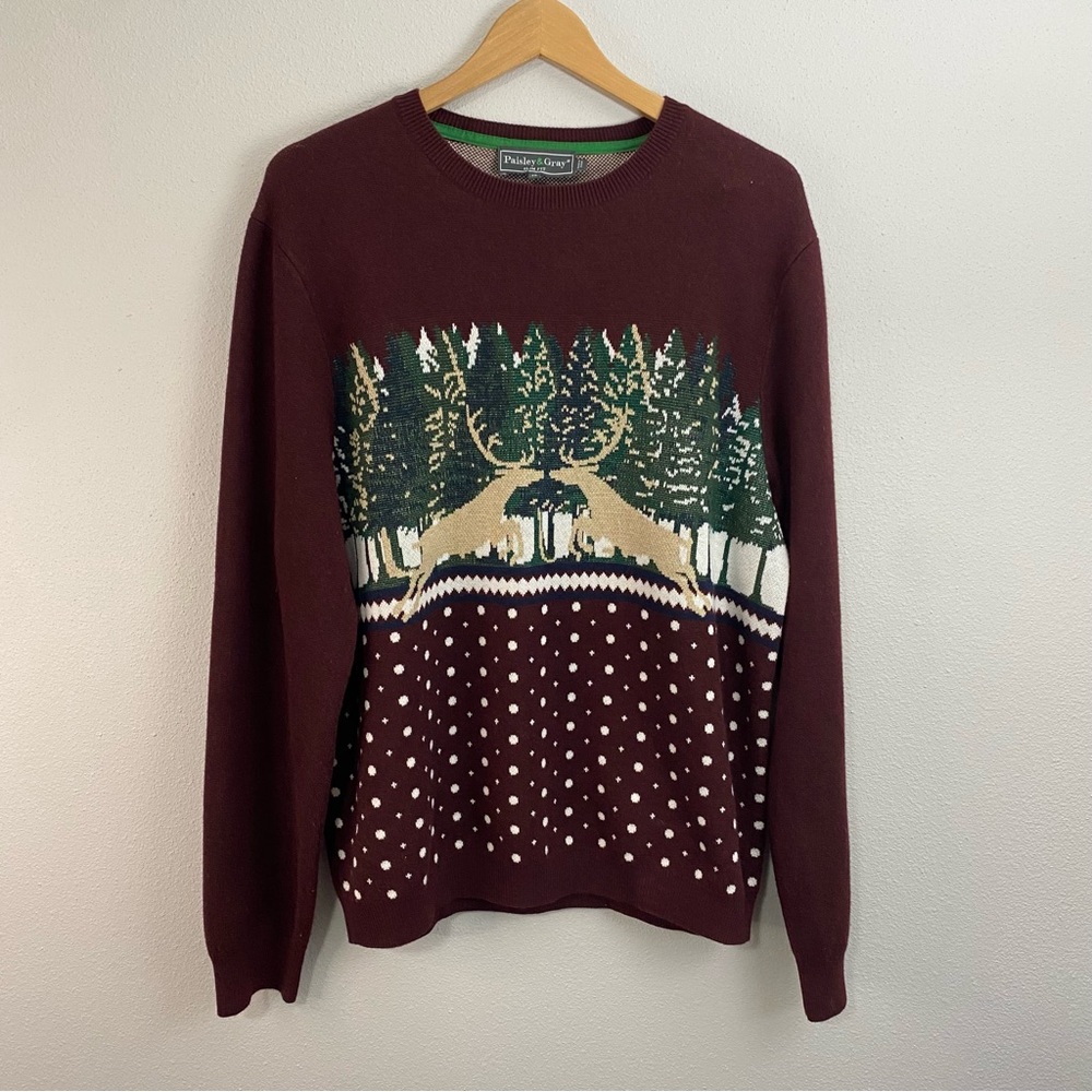 Paisley and Gray Winter Deer Scene Wool Burgundy White Sweater Slim Fit XL